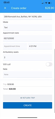 NEMT client app screenshot order create