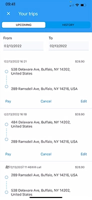 NEMT client app screenshot trips